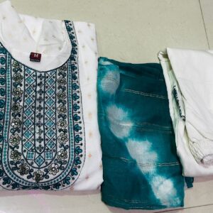 Elegant White Embroidered 3-Piece Dress with Teal Tie-Dye Dupatta